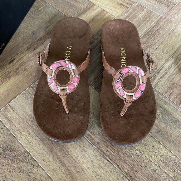 Vionic Flip Flops Women 6 Brown Pink‎ Rest Ricci Thong Sandals Leather Beaded - Picture 2 of 13